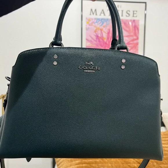 Coach large Lillie 91493 leather forest green satchel crossbody women purse - Picture 1 of 11